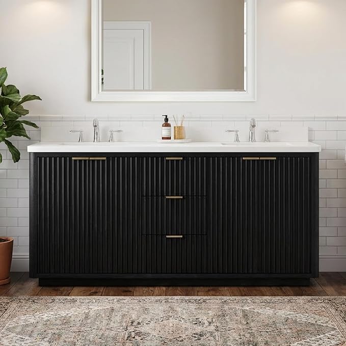 Lavanti Wooderna 72 Inch Bathroom Vanity with Sink – Stylish Firewood Black Vanity Bathroom with Storage Cabinet – Modern Bathroom Vanities with Double Vanity Sink & Quartz Countertop