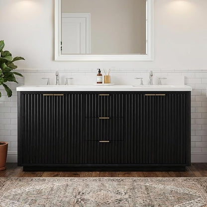 Lavanti Wooderna 72 Inch Bathroom Vanity with Sink – Stylish Firewood Black Vanity Bathroom with Storage Cabinet – Modern Bathroom Vanities with Double Vanity Sink & Quartz Countertop