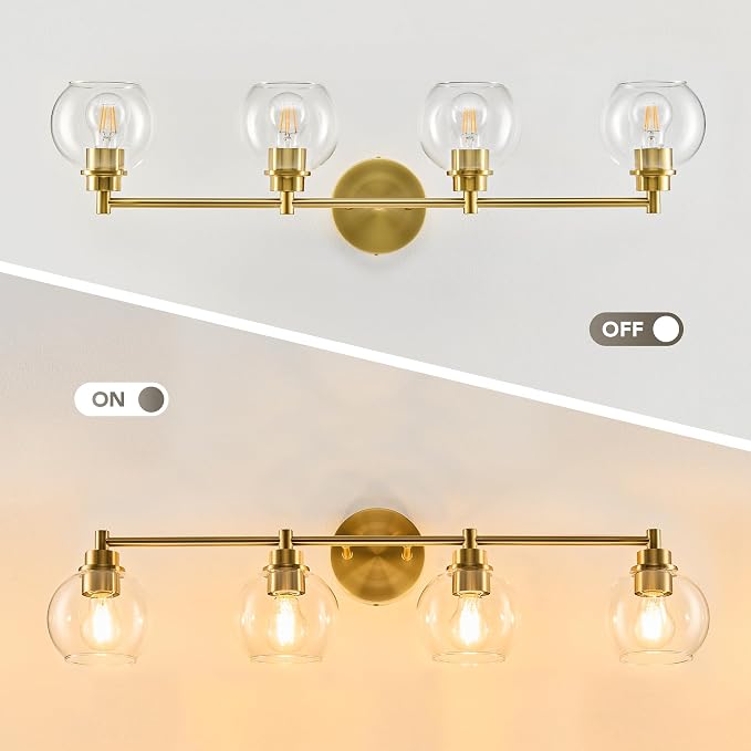 VONLUCE 4 Light Bathroom Vanity Light Fixtures, Gold Finish | Globe Glass Shades, E26 Sockets, Easy to install, Vanity Lights for Bedroom Hallway Living Room