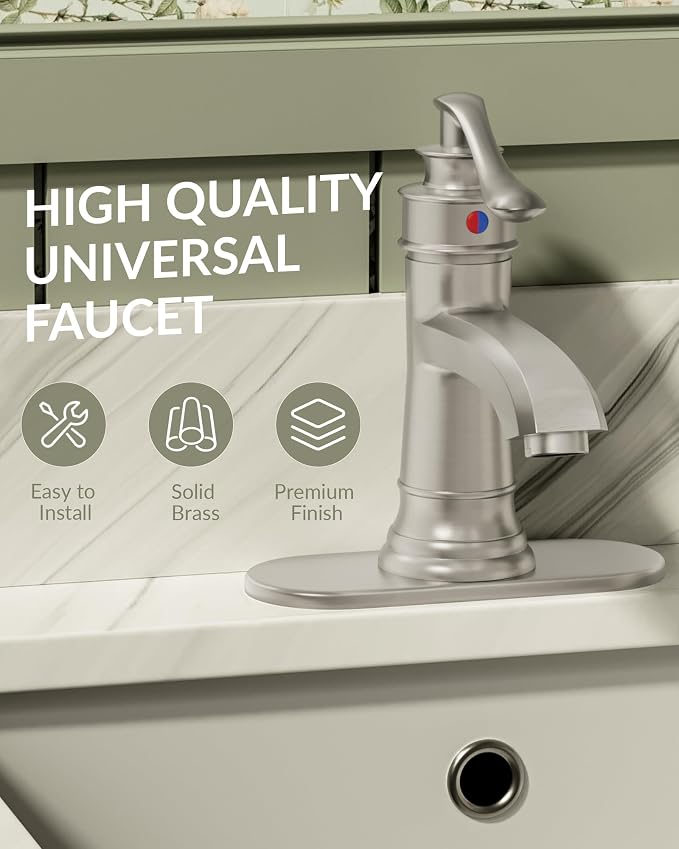 Brushed Nickel Bathroom Faucet Brass Single Handle Bathroom Sink Faucets | Single Hole Farmhouse Faucet Vanity Lavatory RV with Overflow Pop Up Drain Mixer Tap Commcercial Rustic by BATHLAVISH