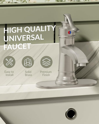 Brushed Nickel Bathroom Faucet Brass Single Handle Bathroom Sink Faucets | Single Hole Farmhouse Faucet Vanity Lavatory RV with Overflow Pop Up Drain Mixer Tap Commcercial Rustic by BATHLAVISH