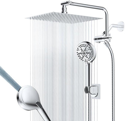 12" Metal Rainfall Shower Head with 10-Mode Handheld, Chrome | NSF/ANSI/CAN 372 Certified, High Pressure Showerhead Combo with 11" Adjustable Shower Arm, 71" Hose, Shower Head Holder