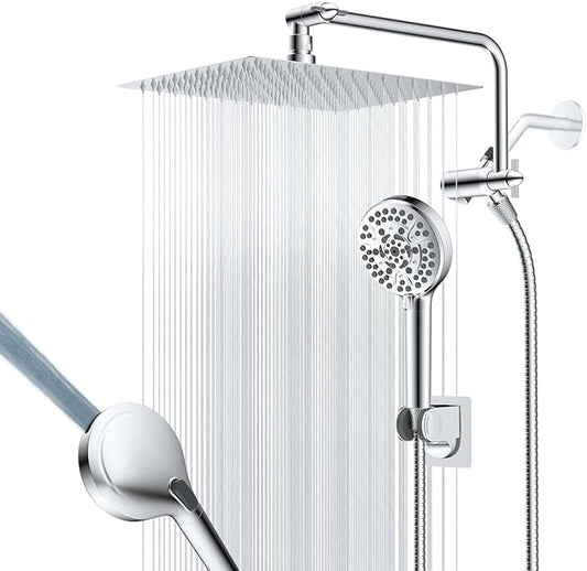 12" Metal Rainfall Shower Head with 10-Mode Handheld, Chrome | NSF/ANSI/CAN 372 Certified, High Pressure Showerhead Combo with 11" Adjustable Shower Arm, 71" Hose, Shower Head Holder