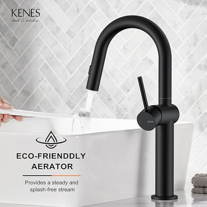 KENES Matte Black Tall Bathroom Faucet with Pull Out Sprayer, Pull Down Vessel Sink Faucet 1 Hole, Single Handle High Vanity Faucet with Pop Up Drain & Supply Lines, LJ-9065A-2