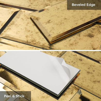 Peel and Stick Mirror Tile, Light Antique with Gold, 3x6 Inch, Beveled Mirror Backsplash for Kitchen Bar Bathroom Wall Tiles (5 Sq.ft, 40 Pcs)