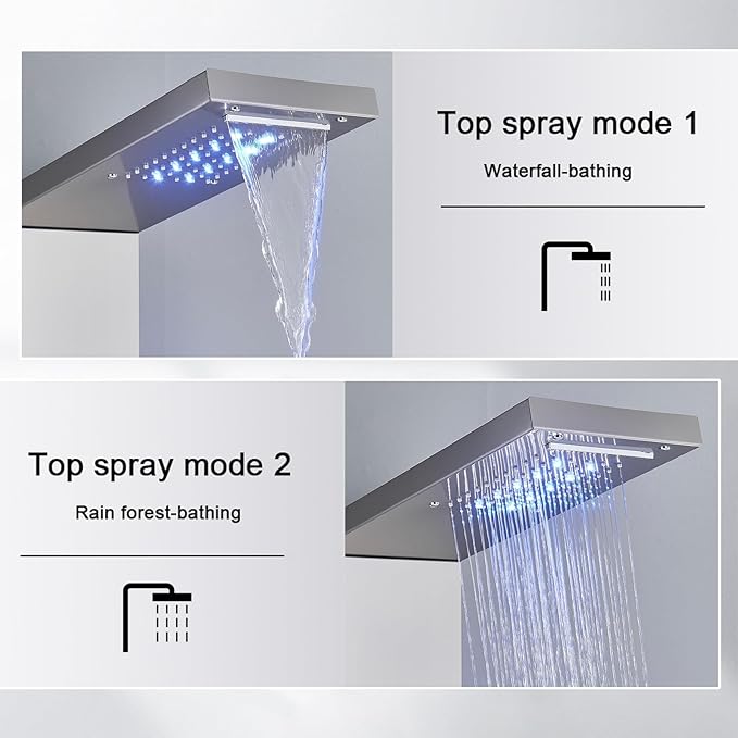 AlenArt Shower Panel LED Shower Tower System with Rainfall Waterfall Shower Head, 4 Body Massage Jets,Hand Shower Sprayer and Tub Spout Stainless Steel, Brushed Nickel
