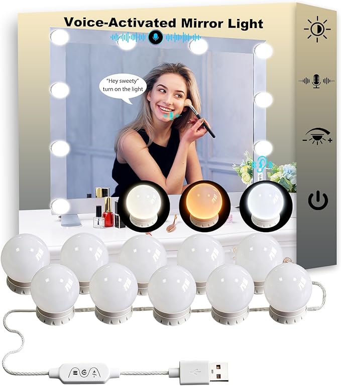 LED Voice-Activated Vanity Lights for Mirror Consciot Hollywood Style Vanity Lights with 10 Dimmable Bulbs