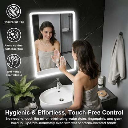 LED Bathroom Mirror, 20x28 in Vanity Mirrors with Backlit Lights for Shaving, Fogless Makeup Mirror Wall Mounted with Demister, Dimmable 3 Color Lighting, IP54, Hand Swipe, Vertically Only