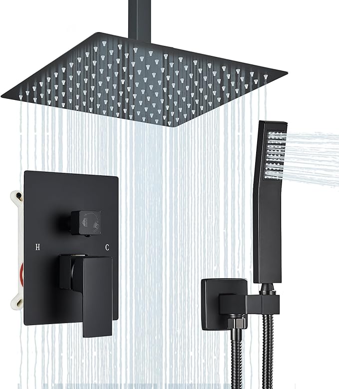 Ceiling Mount Matte Black Shower System 12 Inch Rain High Pressure Shower Head with Handheld Spray, Bathroom Shower Combo Set Rough in Valve Body and Trim Included