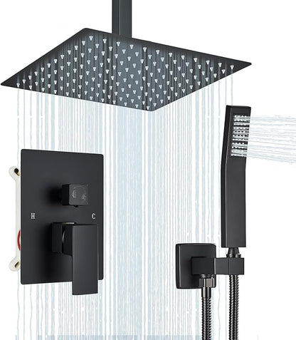 Ceiling Mount Matte Black Shower System 12 Inch Rain High Pressure Shower Head with Handheld Spray, Bathroom Shower Combo Set Rough in Valve Body and Trim Included