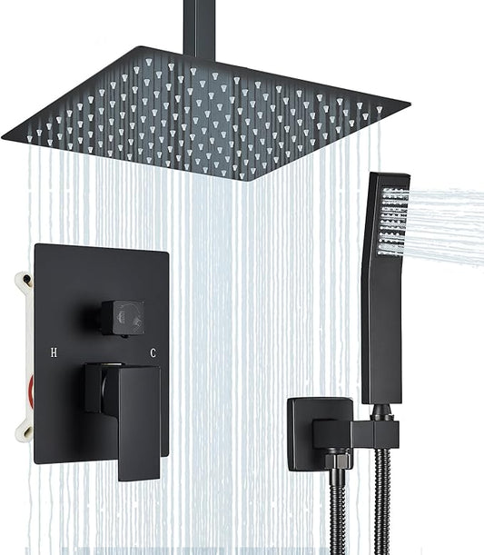 Ceiling Mount Matte Black Shower System 12 Inch Rain High Pressure Shower Head with Handheld Spray, Bathroom Shower Combo Set Rough in Valve Body and Trim Included