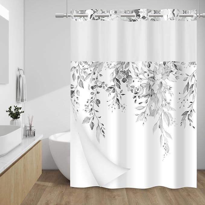 No Hook Floral Shower Curtain with Liner, Eucalyptus Grey, 71x74 | Snap in Liner, 3 in 1, Water Repellent, Easy Install, Machine Washable, Hotel Style for Bathroom, Watercolor Pattern