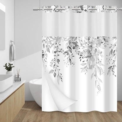 No Hook Floral Shower Curtain with Liner, Eucalyptus Grey, 71x74 | Snap in Liner, 3 in 1, Water Repellent, Easy Install, Machine Washable, Hotel Style for Bathroom, Watercolor Pattern