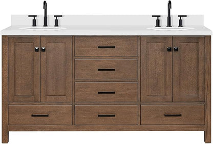 ARIEL Cambridge 66-inch Bathroom Vanity with Sink,Solid Wood, 1.5-inch Pure White Quartz Countertop & Backsplash, Double Oval Porcelain Sink, 4 Soft Closing Doors, 6 Dovetail Drawers, Brown Oak