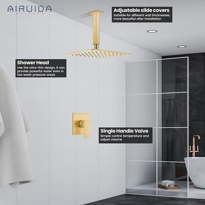 Airuida 12 Inch Brushed Gold Shower Faucet Set,Rainfall Shower System | Ceiling Shower Head,Male Thread Rough-in Valve,Ceiling Mount,Single Handle