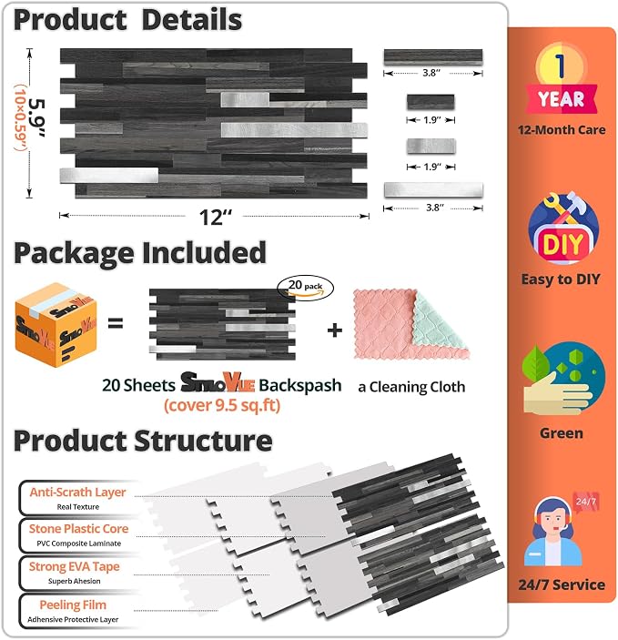 StyloVue 20 Sheets Peel and Stick Tile Backsplash, Black with Metal Gold Look Stick on Tile Upgrade Your Kitchen Backsplash, RV, Fireplace