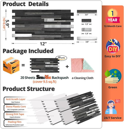 StyloVue 20 Sheets Peel and Stick Tile Backsplash, Black with Metal Gold Look Stick on Tile Upgrade Your Kitchen Backsplash, RV, Fireplace