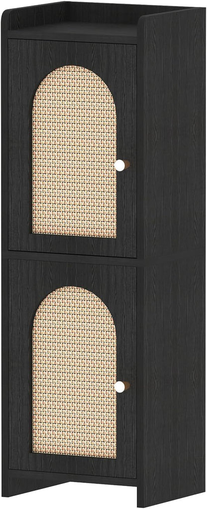 Arbuxzuy Rattan Bathroom Storage Cabinet with 2 Doors and Adjustable Shelf | Black Corner Floor Cabinet, Narrow Toilet Paper Cabinets with 2Hooks,Toilet Organizer for Small Spaces, 7.87"D*9.84"W*29.72"H