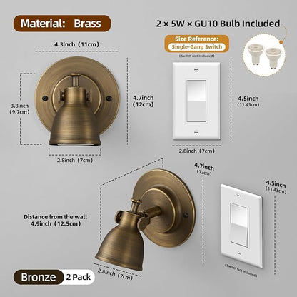 Bronze Small Wall Sconce Hardwired Set of 2 - Vintage Brass Mini Bell Light | Adjustable Art Deco Fixture with Dimmable Bulb, for Bedside Reading Bedroom Hallway Kitchen Bathroom Vanity Picture Light
