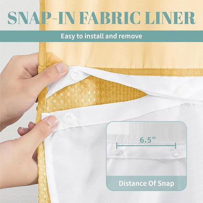eachope No Hook Waffle Shower Curtain with Snap-in Liner, 71x77 Inch, Gold | 230 GSM waffle weave fabric, waterproof liner set with 2 bottom magnets, mesh top window, washable, for bathroom or hotel use
