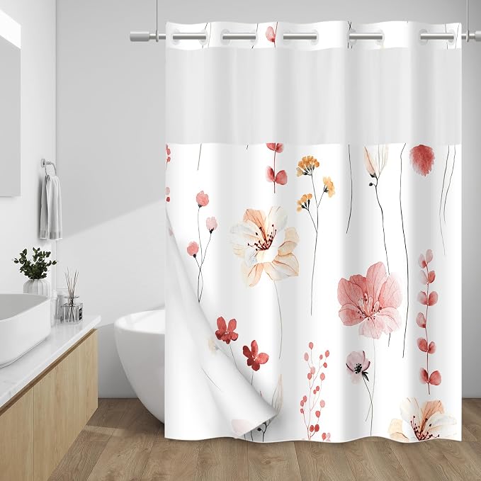 No Hook Floral Shower Curtain with Liner, Coral, 71x74 | Snap in Liner, 3 in 1, Water Repellent, Easy Install, Machine Washable, Hotel Style for Bathroom, Watercolor Pattern