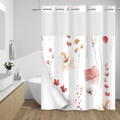 No Hook Floral Shower Curtain with Liner, Coral, 71x74 | Snap in Liner, 3 in 1, Water Repellent, Easy Install, Machine Washable, Hotel Style for Bathroom, Watercolor Pattern