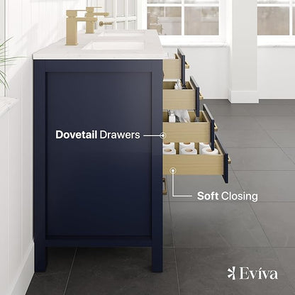 Eviva London 48 Inch Double Sink Vanity - Blue Double Vanity Sinks for Bathrooms - 48 Bathroom Vanity with Top and Sink - Freestanding 48 Vanity with Sink and Countertop Quartz - Porcelain Sink Combo