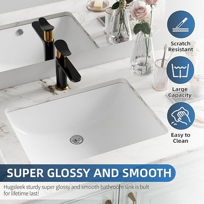 Undermount Bathroom Sink Rectangle, Hugsleek Interior Bowl Size 18 x 13 inch White Porcelain Ceramic Vessel Sink Under Counter Exterior Size 20x15in Rectangular Bath Sink Basin Lavatory Fireclay
