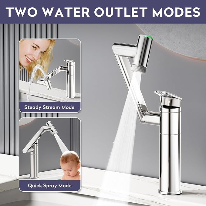 HOWUWEY 1080° Rotatable Single Hole Bathroom Vanity Faucet with Temperature Display, Height Adjustable Single Lever Bathroom Sink Faucet 1 Hole, LED Basin Faucet with Color Change (Chrome)