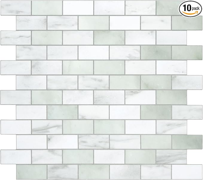 10-Sheet Subway Peel and Stick Backsplash Tile, 11.3" x 10.8" Emerald Green Stone Composite Marble Looks Self Adhesive Waterproof Wall Tile, Stick on Tiles for Kitchen Bathroom Shower Fireplace