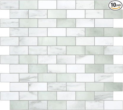 10-Sheet Subway Peel and Stick Backsplash Tile, 11.3" x 10.8" Emerald Green Stone Composite Marble Looks Self Adhesive Waterproof Wall Tile, Stick on Tiles for Kitchen Bathroom Shower Fireplace