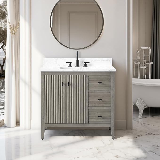 Vanity Art 36 inch Bathroom Vanity with Single Sink & Ceramic Top, Vanity Cabinet with Soft-Closing Door, Solid Wood Frame, Linear Pattern, Driftwood Gray, VA9136-DG-MB,Matte Black Handles