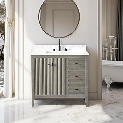Vanity Art 36 inch Bathroom Vanity with Single Sink & Ceramic Top, Vanity Cabinet with Soft-Closing Door, Solid Wood Frame, Linear Pattern, Driftwood Gray, VA9136-DG-MB,Matte Black Handles