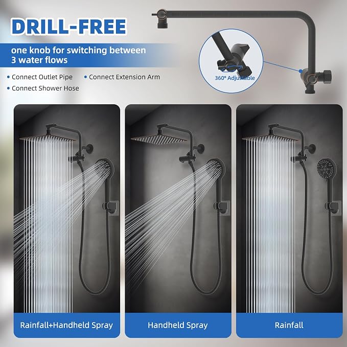 10" Metal Rainfall Shower Head with 10-Mode Handheld, Oil Rubbed Bronze | NSF/ANSI/CAN 372 Certified, High Pressure Showerhead Combo with 11" Adjustable Shower Arm, 71" Hose, Shower Head Holder