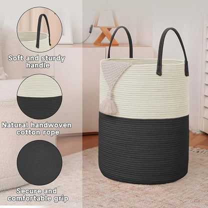 JMvicyroam 80L Cotton Rope Laundry Basket Hamper, White and Black | Collapsible laundry basket, reinforced handles, freestanding, machine washable, holds 3-5 thick blankets, clothes or toys
