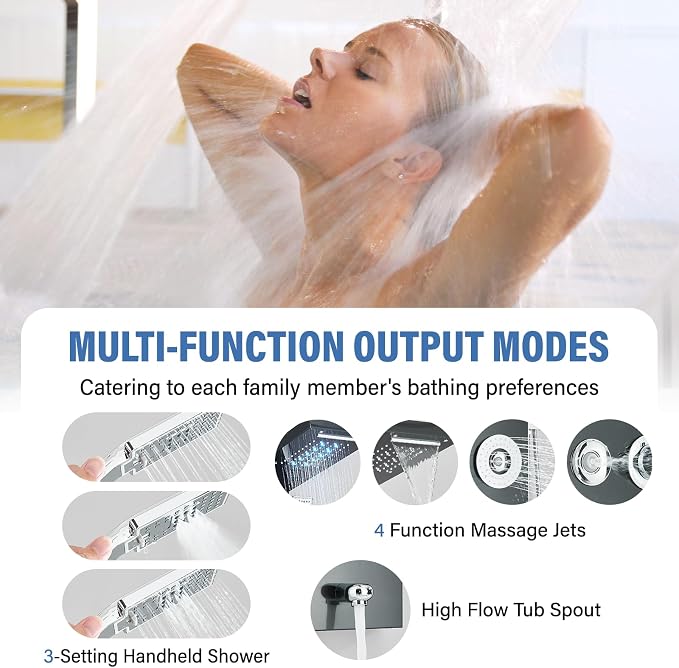 FUZ Shower Panel Tower System, Stainless Steel 6 Functions Shower Panel System with LED Fancy Rain Shower Head and Handheld, Adujstable Rain Massage Body Jets and Tub Spout, Matte Black Shower Tower