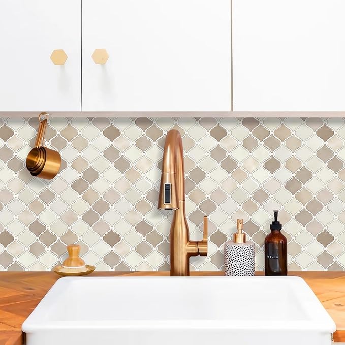 STICKGOO Arabesque Peel and Stick Backsplash, 12”X12” Backsplash Tile for Kitchen Peel and Stick, Self Adhesive Wall Tile Stick on Tiles (Brown Beige)