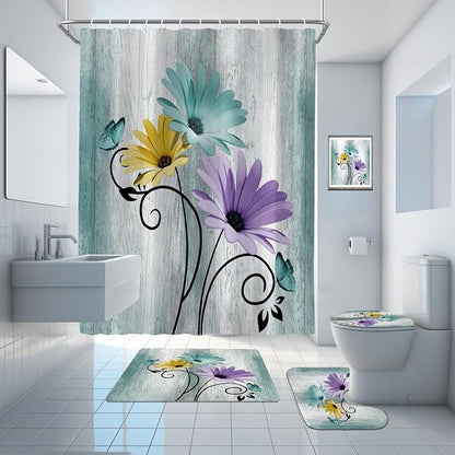 Onalasyc 4PCS Blue Green Daisy Bathroom Sets with Shower Curtain and Rugs | Country Floral Butterfly Shower Curtain Set,Modern Bathroom Decor Shower Curtains Set with Rugs Toilet Lid Cover and 12 Hooks