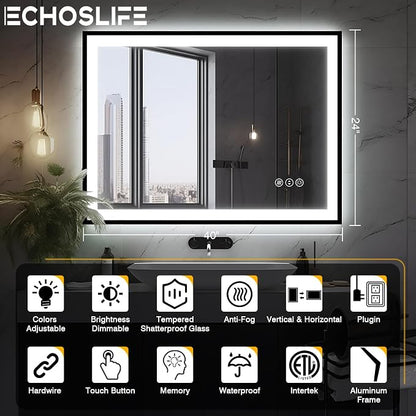EchosLife 40x24 LED Bathroom Mirror - Black Aluminum Framed | Black Frame, Front and Backlit, Anti-Fog, Stepless Dimmable, 3 Colors, Memory, Tempered Glass, UL Listed, Horizontal/Vertical