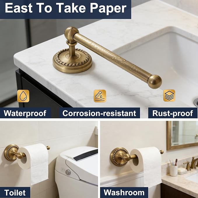 Antique Brass 4-Piece Bathroom Hardware Set Adjustable Towel Bar 13-24" | Vintage Gold Towel Bar, Oval Towel Ring, Toilet Paper Holder, Robe Hook, Towel Racks for Bathroom Wall Mounted Accessories