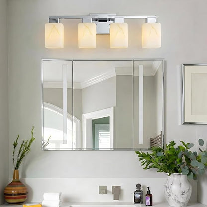 4-Light Square Bathroom Light Fixture, Chrome Modern Vanity Light with White Marble Glass Shade, for Bathroom Mirror, Living Room, Bedroom, Hallway, E26 Base