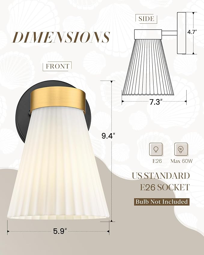 Set of 2 Wall Sconces for Bathroom, HWH 1-Light Bathroom Vanity Light with Frosted Milk White Striped Glass, Indoor Wall Mount Lighting Fixtures, Black and Gold Finish, 5HZG97B-2PK BK+BG