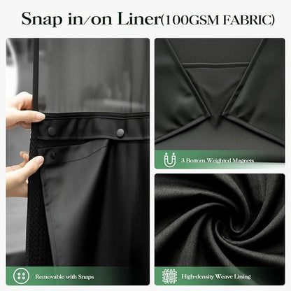 Black Hook Free Waffle Shower Curtain & Snap-in Fabric Liner,72x99 | Less Time to install, 3 in 1 Fabric Shower Curtain and Liner Set with Magnets, Extra Long, Shower Curtains for Bathroom