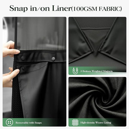 Black Hook Free Waffle Shower Curtain & Snap-in Fabric Liner,48x75 | Less Time to install, 3 in 1 Fabric Shower Curtain and Liner Set with Magnets, Stall, Shower Curtains for Bathroom