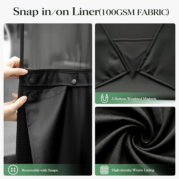 Black Hook Free Waffle Shower Curtain & Snap-in Fabric Liner,36x75 | Less Time to install, 3 in 1 Fabric Shower Curtain and Liner Set with Magnets, Stall, Shower Curtains for Bathroom