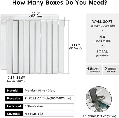 Mirror Peel and Stick Tile, 1.8 x 11.8 Inch, Beveled Mirror Strip Backsplash Tiles for Kitchen Bathroom Bar Accent Wall, Pack of 5 Sheets (Silver, 1.18x11.8 Inch)
