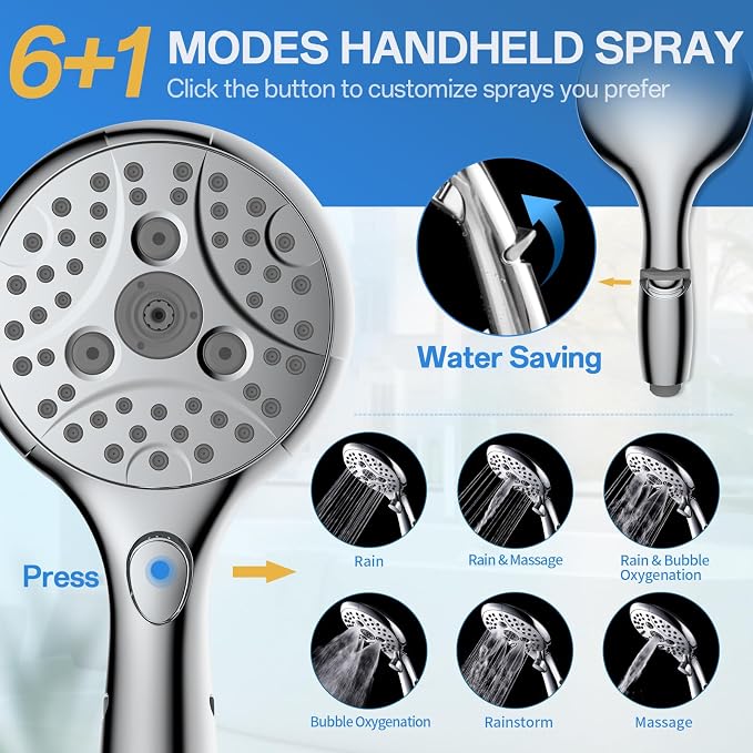 High Pressure Rain Shower Head Combo: Upgrade Dual Shower Head,10" Fixed Rainfall Showerhead,7 Spray Handheld Shower Heads,Adjustable Bar(Up to 13.4"),71" Hose,Tall People Friendly,Chrome