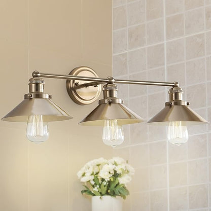 JONATHAN Y 26.5" Brass Gold 3-Light Industrial Farmhouse Metal Vanity Light Wall Sconce, Metal Shade for Bathroom Mirror, Kitchen, Entryway, LED Bulb Included (JYL7431A)