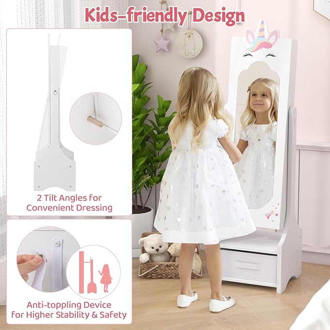 CHARMAID Kids Jewelry Cabinet - 45.5" Standing Armoire with Full Length Mirror, Kids Jewelry Organizer with Storage Drawers, Vanity Dressing Mirror for Girls (White)