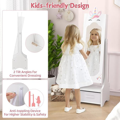 CHARMAID Kids Jewelry Cabinet - 45.5" Standing Armoire with Full Length Mirror, Kids Jewelry Organizer with Storage Drawers, Vanity Dressing Mirror for Girls (White)